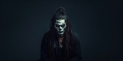 Stylish, Intense Metalhead With Painted Face And Long Hair Poses Confidently. Сoncept Cosplay, Dramatic Lighting, Edgy Fashion, Alternative Lifestyle, Rock And Roll Vibes