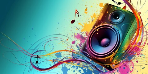 Vibrant Loudspeaker Illustration With Musical Notes Lively Musicthemed Artwork. Сoncept Abstract Watercolor Landscapes, Dramatic Sunset Silhouettes, Whimsical Garden Scenes