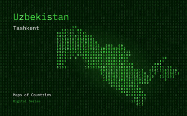 Uzbekistan Map Shown in Binary Code Pattern. TSMC. Matrix numbers, zero, one. World Countries Vector Maps. Digital Series	