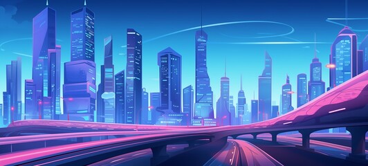 Futuristic cityscape with modern skyscrapers and a serene pink and blue skyline, featuring a smooth highway flyover and tranquil urban atmosphere.