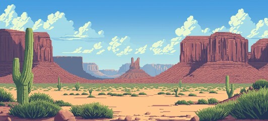 Pixel art landscape of a Texas desert with towering red rock formations, cacti, and a clear sky, in a style reminiscent of classic 8-bit video games. - obrazy, fototapety, plakaty