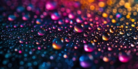 Vibrantly Colored Paint Droplets Seamlessly Blend On Dark Backdrop. Сoncept Macro Photography, Abstract Art, Creative Color Blending, Dark Background, Paint Droplets