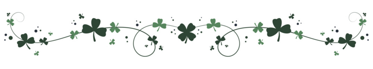 Irish clover decoration, frame, ornament with shamrocks and clover symbols. Vector illustration.