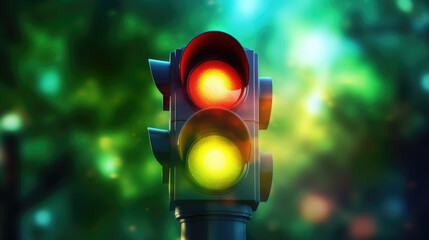 Traffic light showing red and yellow signals. Suitable for illustrating road safety or traffic regulations