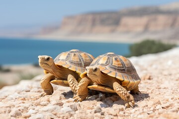 Obraz premium Twin Turtles on Rocky Desert Shoreline.
