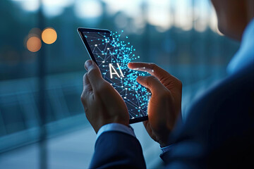 Man holding AI Phone with  virtual digital chatbot, robot application, conversation assistant, AI