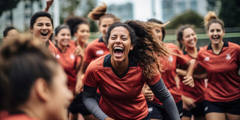 Winning Smiles: Female Soccer Team in Jubilant Celebration