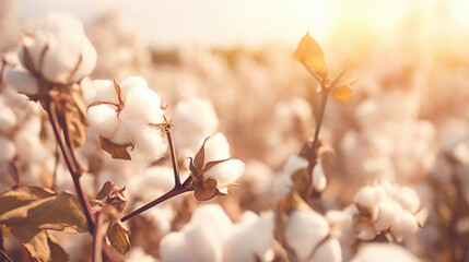 Beautiful field of white cotton with sun shining in background. Perfect for agricultural or nature-themed projects