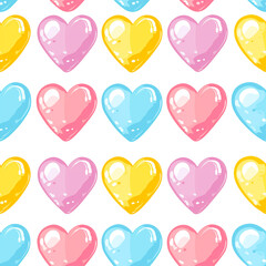 Seamless pattern of colorful drawn hearts on a white background.