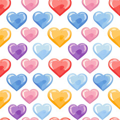 Seamless pattern of colorful drawn hearts on a white background.