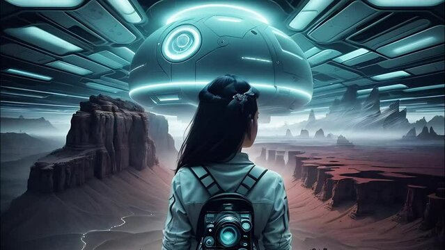 Rear view of a young woman looking at an amazing futuristic cityscape with waterfalls and a giant moon in the sky