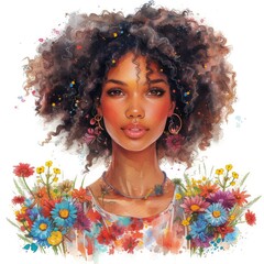 watercolor clipart of beautiful afro woman