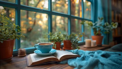 coffee with book at the window with refreshing morning vibes. seamless looping 4k time-lapse animation video background