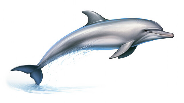 Dynamic image capturing dolphin leaping out of water. Perfect for aquatic themes and nature enthusiasts