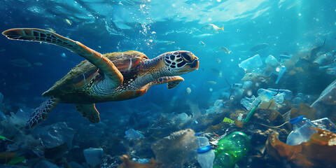 Underwater image of the concept of the problem of plastic waste in the sea.