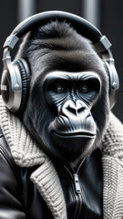 A brutal gorilla in a leather biker jacket with a knitted collar listens to music, a portrait of a funny monkey in vacuum headphones, a vertical black and white art image. Generative AI.