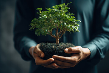 Person holding small tree in their hands. This image can be used to represent environmental conservation, gardening, or concept of growth and nurturing