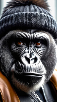 A brutal gorilla in a knitted black hat and a brown leather jacket, a portrait of a monkey in a warm hat with a pompom, a vertical art image. Generative AI.