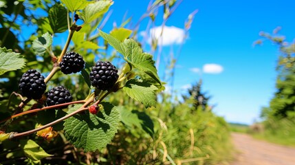 Blackberry bush stands against a backdrop of serene nature, offering a tranquil and picturesque view.