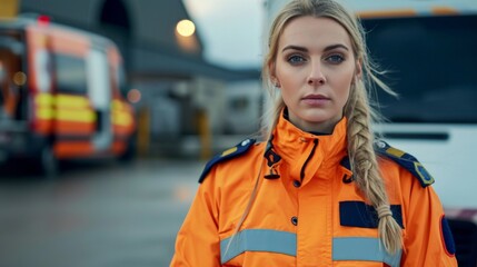 Female paramedic smiling into camera, ambulance crew blurred on background