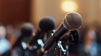 Close-up of a central bank press conference, microphone capturing a statement on monetary policy