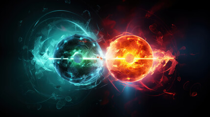 Obraz premium Scientific concept of depicting the fusion of two atoms. Sci-fi background. Quantum physics. Generative AI