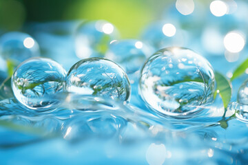 Bunch of bubbles sitting on top of blue surface. Can be used to represent relaxation, cleanliness, or playful atmosphere