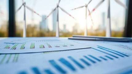 Close-up of an environmental impact assessment report with charts on renewable energy benefits - obrazy, fototapety, plakaty