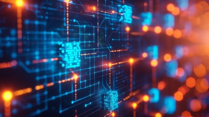 Blue and orange technology background with circuit board pattern