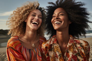 Fototapeta premium Two women enjoying fun and joyful moment on beautiful beach near ocean. Perfect for summer vacation themes and lifestyle concepts