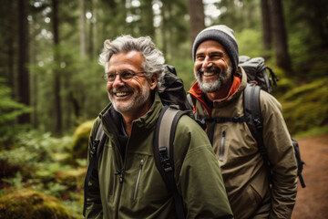 Fototapeta premium Two men standing side by side in forest. Suitable for outdoor activities, friendship, and nature themes
