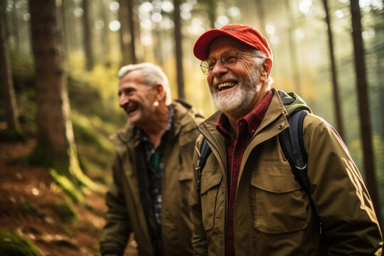 Two older men walking together in peaceful wooded area. Suitable for depicting friendship, nature, and outdoor activities. Perfect for illustrating retirement, leisure, and companionship