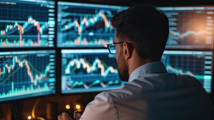 Detailed view of a forex trader analyzing currency exchange charts on multiple computer screens