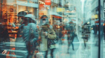 Detailed view of a storefront window in a busy shopping district, reflections of diverse shoppers