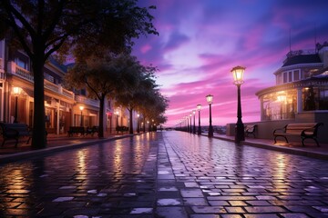 A picturesque promenade illuminated by warm street lights, with the radiant colors of the sunset...