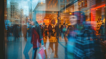 Detailed view of a storefront window in a busy shopping district, reflections of diverse shoppers - obrazy, fototapety, plakaty
