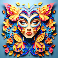 Colorful kirigami art of a butterfly face
