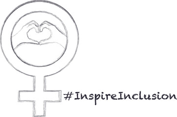 Gender sign and heart shape drawn in pencil The hashtag #inspirationinclusion is written in pencil Inspire inclusivity. Banner template Copy space International Women's Day 2024. Vector