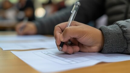 Detailed view of a voters hand marking a ballot paper with a pen, focused and decisive