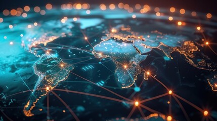 Detailed view of a world map with glowing lines connecting major financial centers - obrazy, fototapety, plakaty
