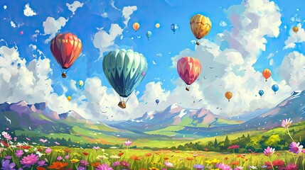Fototapeta premium Colorful hot air balloons flying over meadow with flowers and mountains