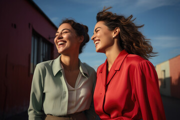 Picture of two women standing side by side. This versatile image can be used to represent friendship, teamwork, diversity, or any other concept involving two individuals
