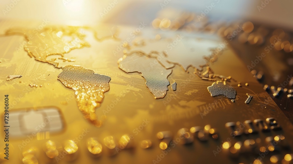 Wall mural macro shot of a gold credit card with a world map design, symbolizing global finance