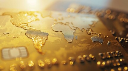 Macro shot of a gold credit card with a world map design, symbolizing global finance