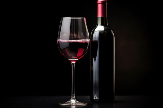 glass of wine with a bottle of wine on black background