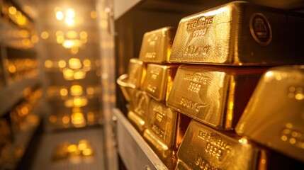 Macro shot of gold bars in a central bank vault, economic stability reports in the backdrop - obrazy, fototapety, plakaty