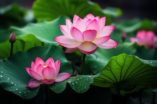 In the summer pond, the tender green lotus leaves and pink lotus flowers cover the water, and there are dewdrops on the lotus leaves, macro lenses, photography