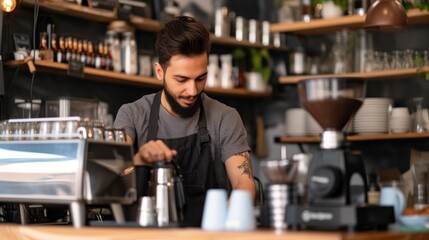 Zoomed-in image of a barista at a coffee shop, background showing economic impact of service industry