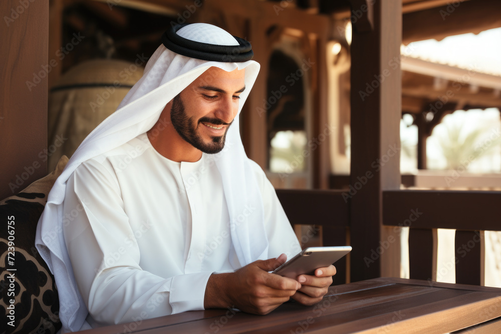 Wall mural man sitting at table using smartphone. suitable for technology, communication, and modern lifestyle 