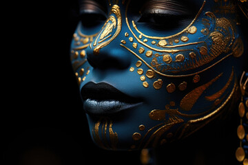 Close-up view of woman's face wearing blue and gold mask. This image can be used for masquerade parties or Venetian-themed events